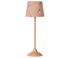 The Maileg Floor Lamp, Miniature - Dark Powder features a floral-patterned shade and round base, perfect for charming dollhouse lighting. Expected arrival: 03/15/26. Set against a plain white background.