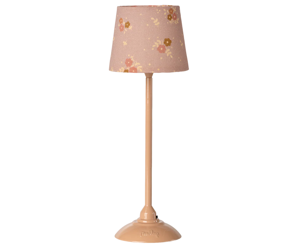 The Maileg Floor Lamp, Miniature - Dark Powder features a floral-patterned shade and round base, perfect for charming dollhouse lighting. Expected arrival: 03/15/26. Set against a plain white background.