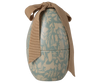 The Maileg Small Easter Egg Set features an egg-shaped container with cream botanical and animal patterns on a muted green background, finished with a large, textured brown bow.