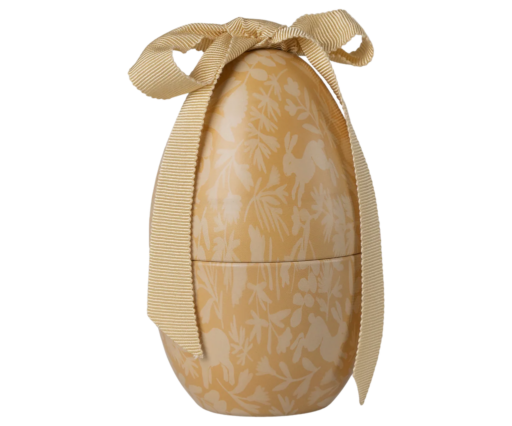 The Maileg Small Easter Egg Set features a beige egg with a subtle botanical and rabbit pattern, topped with a textured ribbon bow—perfect for charming seasonal displays.