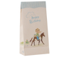 Celebrate any occasion with Maileg Goodie Bags - Happy Birthday - Cowboy (12 pieces), featuring a festive design with a mouse in a hat and scarf riding a brown and white horse, topped with blue stripes. Expected arrival: 04/15/26.
