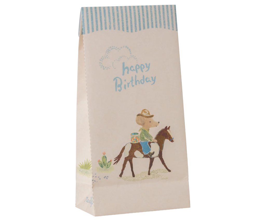 Celebrate any occasion with Maileg Goodie Bags - Happy Birthday - Cowboy (12 pieces), featuring a festive design with a mouse in a hat and scarf riding a brown and white horse, topped with blue stripes. Expected arrival: 04/15/26.