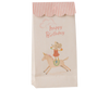 Maileg Goodie Bags - Happy Birthday - Unicorn (12 Pieces) feature a cream bag with a pink-striped scalloped top, plus Dorthe Mailil’s design of a mouse on a unicorn with “happy Birthday”—perfect for party favors! Expected by 04/15/26.