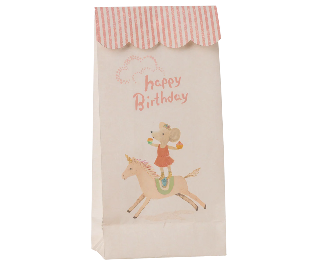 Maileg Goodie Bags - Happy Birthday - Unicorn (12 Pieces) feature a cream bag with a pink-striped scalloped top, plus Dorthe Mailil’s design of a mouse on a unicorn with “happy Birthday”—perfect for party favors! Expected by 04/15/26.