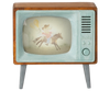 The Maileg Television, Mouse (expected 03/15/26) features vintage wooden sides, angled legs, a blue retro front with a large dial, and displays a faded cowboy image—perfect as miniature home decor.