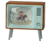 The Maileg Television, Mouse (expected 03/15/26) is a small vintage-style wooden TV with a blue front and gray legs, showing a cowboy in a desert—ideal as miniature decor or for your mousehouse television collection.