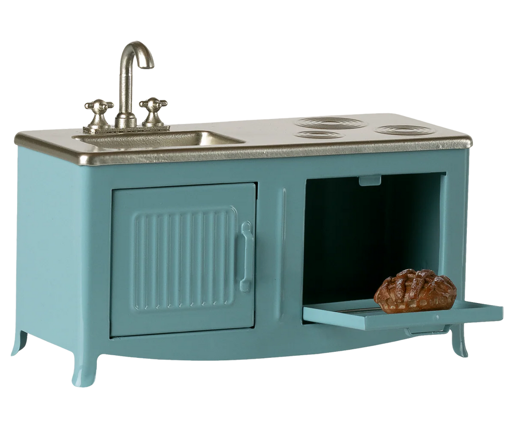 The Maileg Kitchen, Mouse - Blue features a compact metal set with a sink, stove burners, oven with an open door, and a loaf of bread inside—ideal for mouse family play. Expected arrival: 04/01/26.