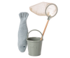 The Maileg Fishing Set, Mouse (expected arrival: 02/15/26) includes a gray plush fish, small gray bucket, and wooden-handled net—an ideal play accessory for imaginative mouse families, shown on a plain white background.