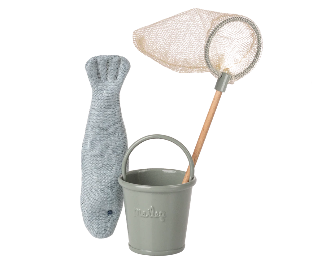 The Maileg Fishing Set, Mouse (expected arrival: 02/15/26) includes a gray plush fish, small gray bucket, and wooden-handled net—an ideal play accessory for imaginative mouse families, shown on a plain white background.