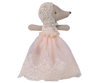 The Maileg Baby Mouse in Gown - Powder, expected by 06/15/26, features a fabric mouse in a lace bonnet and light pink polka dot dress, viewed from the side on a white background—a delightful addition to your baby mouse collection.
