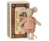 The Maileg Big Sister Mouse in Matchbox, dressed in a pink polka-dot dress, stands by a vintage-style matchbox labeled "Best Mouse Race.