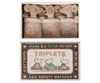 The Maileg Triplets, Baby Mice in Matchbox - Checker (expected 06/01/26), features three cozy baby mice nestled together in a charming matchbox bed.