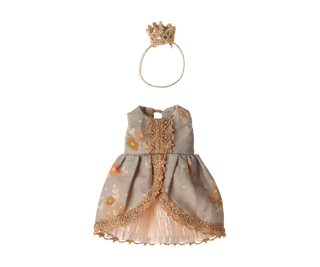The Maileg Princess Dress for Big Sister Mouse features gray and gold florals, gold lace trim, and a matching gold crown headband—ideal doll accessories—shown on a white background.