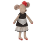 The Maileg Beautician Mouse, Mum wears a black dress with white apron, white tulle skirt, red shoes, and a red flower headband—perfect for imaginative dress-up fun.