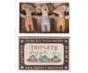 Three Maileg Triplets, Baby Mice in Matchbox - Checker rest in a cozy patterned box. The decorated lid features “Grand Old Match Factory Triplets” and an illustration of three baby mice driving cars.