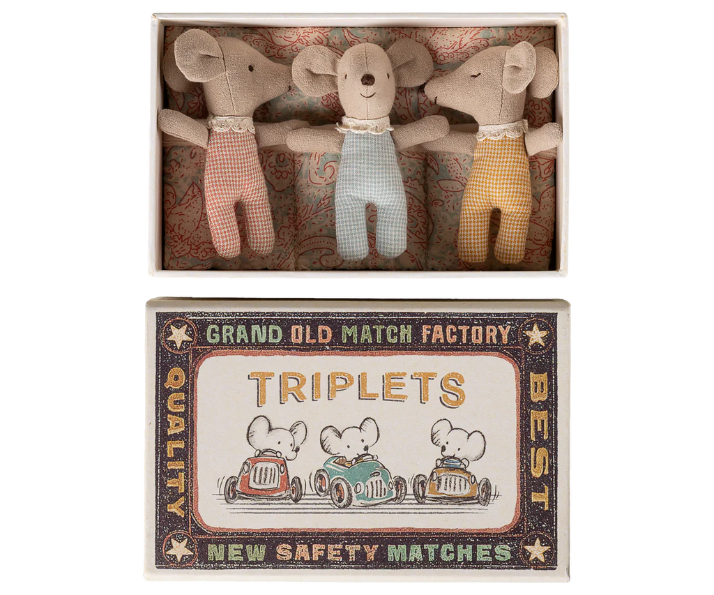 Three Maileg Triplets, Baby Mice in Matchbox - Checker rest in a cozy patterned box. The decorated lid features “Grand Old Match Factory Triplets” and an illustration of three baby mice driving cars.