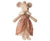 The Maileg Queen Dress, Mum Mouse sports a gold crown and a pink floral princess dress with lace trim and a white faux fur collar, standing upright against a plain white background. Ideal for fans of mice clothes!.