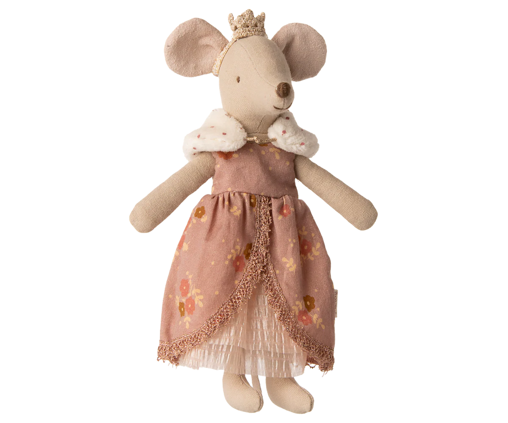The Maileg Queen Dress, Mum Mouse sports a gold crown and a pink floral princess dress with lace trim and a white faux fur collar, standing upright against a plain white background. Ideal for fans of mice clothes!.