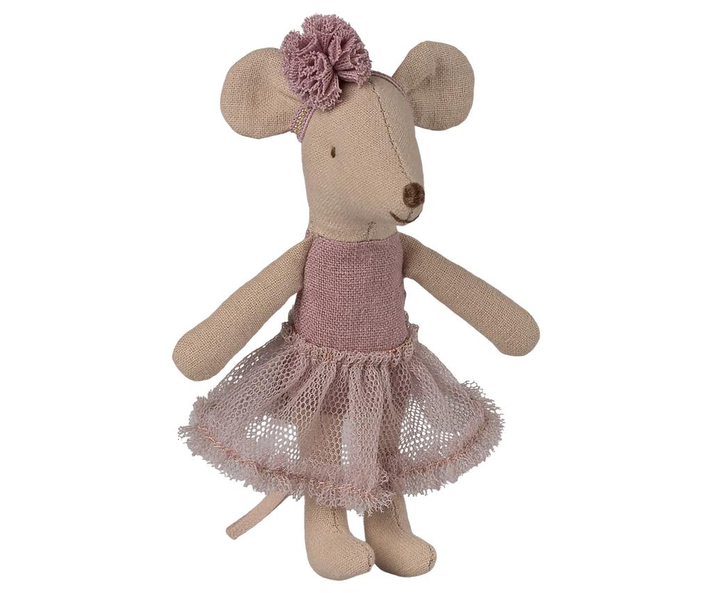 The Maileg Ballerina Mouse, Little Sister - Heather stands upright against a white background, dressed in a pink tutu and matching ear bow, looking just like a charming little ballerina.