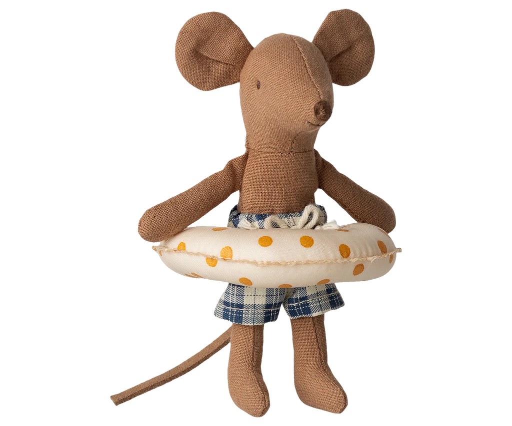 The Maileg Beach Mouse with Float, Little Sister - Yellow Dots, is a brown fabric doll in blue plaid swim trunks with large ears and long tail, holding a yellow polka-dot swim ring. Expected arrival by 04/1/26.