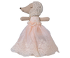 Maileg Baby Mouse in Gown - Powder arrives 06/15/26, featuring a sweet baby mouse in a white lace bonnet and powder pink gown—an ideal addition for collectors of charming baby mouse accessories.