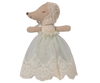 The Maileg Baby Mouse in Gown - Mint, wearing a lace bonnet and a white, lace-trimmed dress, is the perfect addition to any baby mouse collection. Expected arrival by 06/15/26.