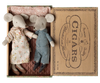 Maileg Grandma and Grandpa Mice in Cigarbox (expected 03/01/26) snuggle together in a cozy bed with quilted bedding and vintage-style details—an adorable scene perfect for collectors or imaginative play.