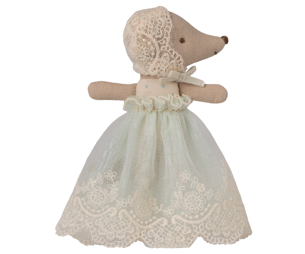 The Maileg Baby Mouse in Gown - Mint, arriving by 06/15/26, features a fabric mouse in a mint lace-trimmed gown and white bonnet, shown in side profile—perfect to pair with other baby mouse accessories.