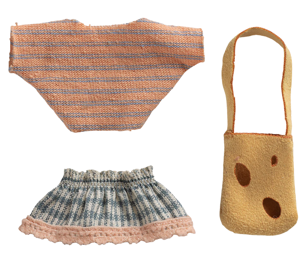 The Maileg Clothes and Bag set for Little Sister Mouse features a striped sweater, blue skirt with pink lace hem, and tan shoulder bag. Expected arrival: 06/15/26—the perfect addition to any little sister mouse’s wardrobe!.