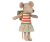 The Maileg Clothes and Bag, Big Sister Mouse - Green (expected 05/01/26), features a red and white striped shirt, floral skirt, and green backpack—perfect for fans of cute mouse outfits and accessories.