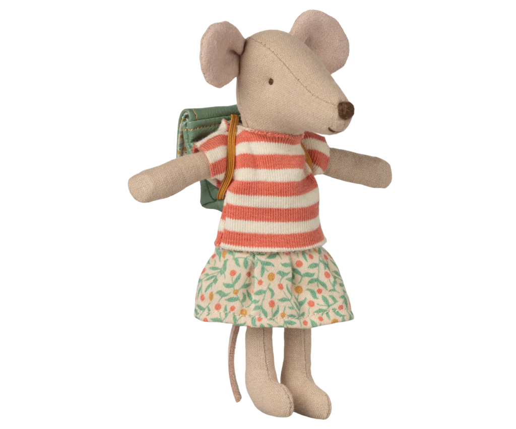 The Maileg Clothes and Bag, Big Sister Mouse - Green (expected 05/01/26), features a red and white striped shirt, floral skirt, and green backpack—perfect for fans of cute mouse outfits and accessories.
