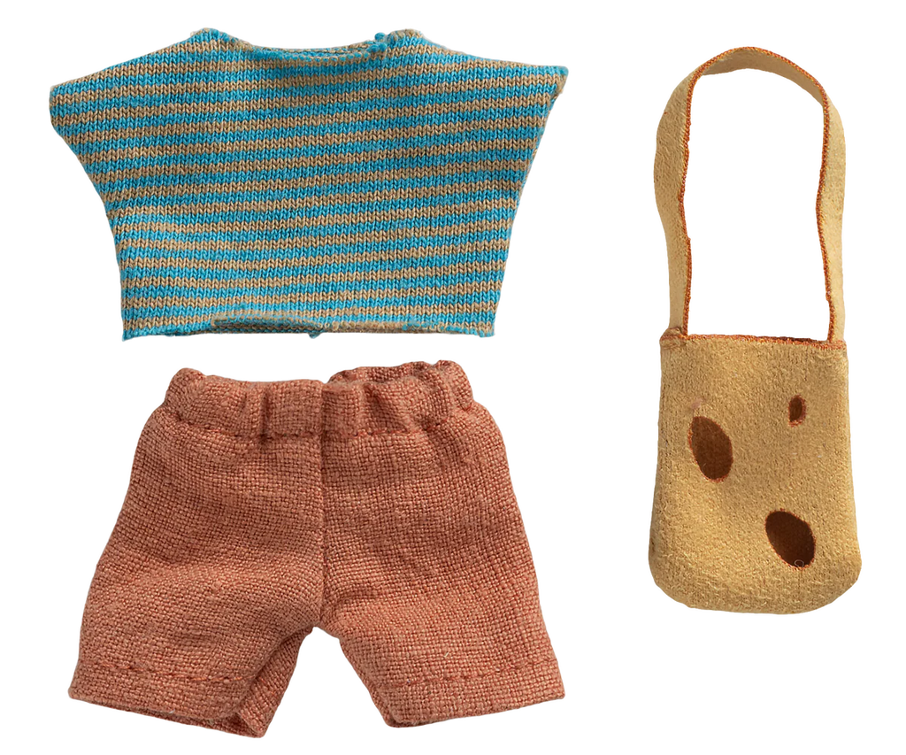 The Maileg Clothes and Bag set for Little Brother Mouse (expected 06/15/26) includes a blue and orange striped top, reddish-brown shorts, and a light brown handbag with three circular cutouts.