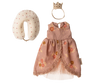 The Maileg Queen Dress, Mum Mouse includes a floral pink dress with lace trim, a white neck pillow with pink dots, and a beige crocheted crown—perfect for mice clothes—displayed on a plain white background.