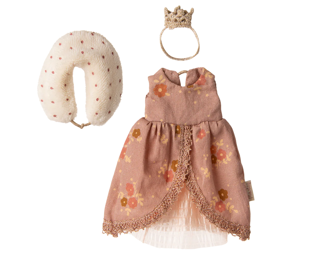 The Maileg Queen Dress, Mum Mouse includes a floral pink dress with lace trim, a white neck pillow with pink dots, and a beige crocheted crown—perfect for mice clothes—displayed on a plain white background.