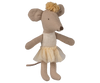 The Maileg Ballerina Mouse, Little Sister - Off White, features beige fur, a cream tutu skirt, and a matching bow. This charming doll stands upright against a plain white background.