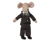 Maileg Wedding Suit, Dad Mouse—fabric toy mouse in black tuxedo, white shirt, and bow tie—stands upright against a plain white background. Expected arrival: 06/15/26.