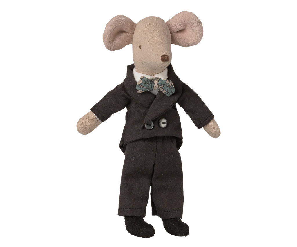 Maileg Wedding Suit, Dad Mouse—fabric toy mouse in black tuxedo, white shirt, and bow tie—stands upright against a plain white background. Expected arrival: 06/15/26.