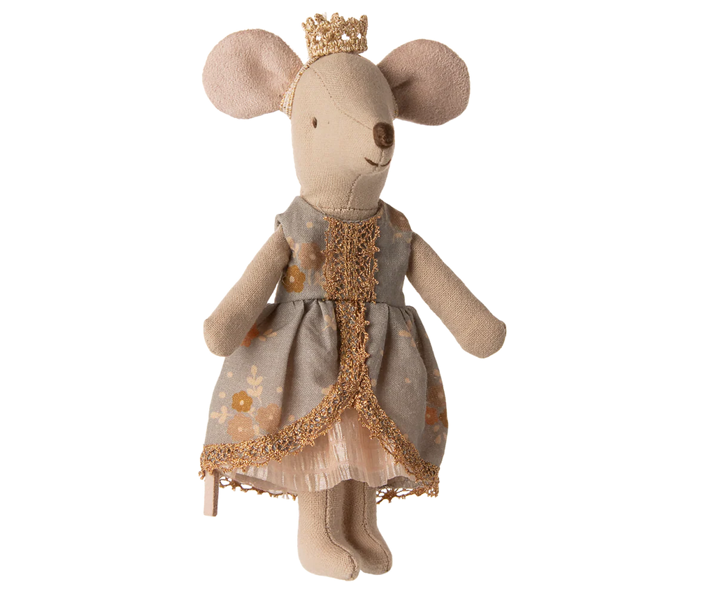 A Maileg Princess Dress for Big Sister Mouse, featuring gold trim and floral patterns, is displayed upright on a stuffed mouse with a gold crown, ideal for doll dress accessories or big sister mouse clothes collections.