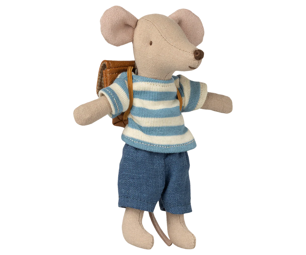 The Maileg Clothes and Bag, Big Brother Mouse - Brown features a fabric mouse doll in a blue and white striped shirt, blue shorts, and brown backpack. Expected arrival: 05/01/26. Stands upright against a plain white background.