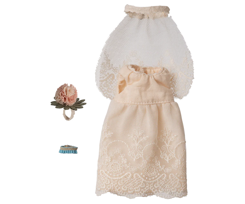 The Maileg Wedding Dress, Mum Mouse (expected arrival by 06/15/26) features a lacy white gown, matching veil, pink bouquet with green leaves, and blue garter—ideal for collectors—shown on a plain white background.