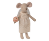 The Maileg Wedding Dress, Mum Mouse (expected 06/15/26) features a fabric mouse doll in a cream lace wedding dress, holding pink flowers and wearing a light veil—a charming pick for delightful doll clothes or the perfect mouse wedding outfit.