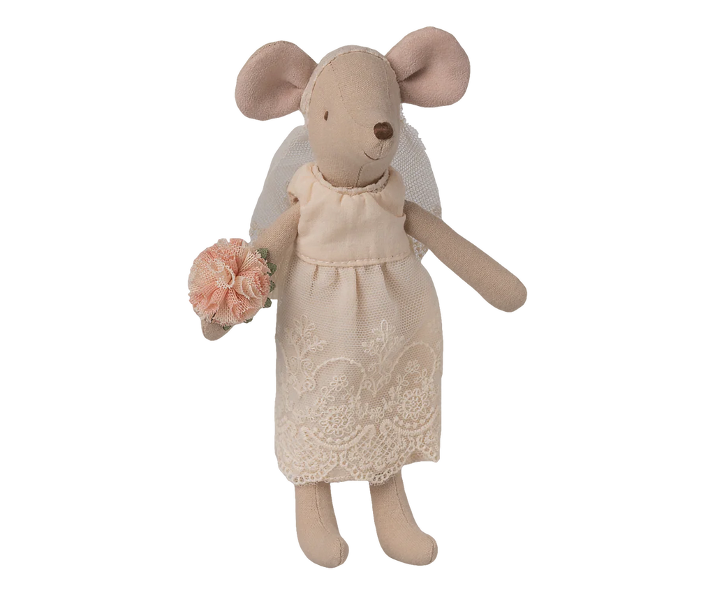 The Maileg Wedding Dress, Mum Mouse (expected 06/15/26) features a fabric mouse doll in a cream lace wedding dress, holding pink flowers and wearing a light veil—a charming pick for delightful doll clothes or the perfect mouse wedding outfit.