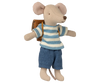 Maileg Tricycle Mouse, Big Brother - Brown, featuring a blue and white striped shirt, blue shorts, and a brown backpack, stands upright against a plain white background.