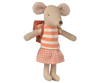 The Maileg Tricycle Mouse, Big Sister - Coral, features a stuffed toy in a peach and cream striped shirt, plaid skirt, and school backpack. Expected arrival: 05/01/26.