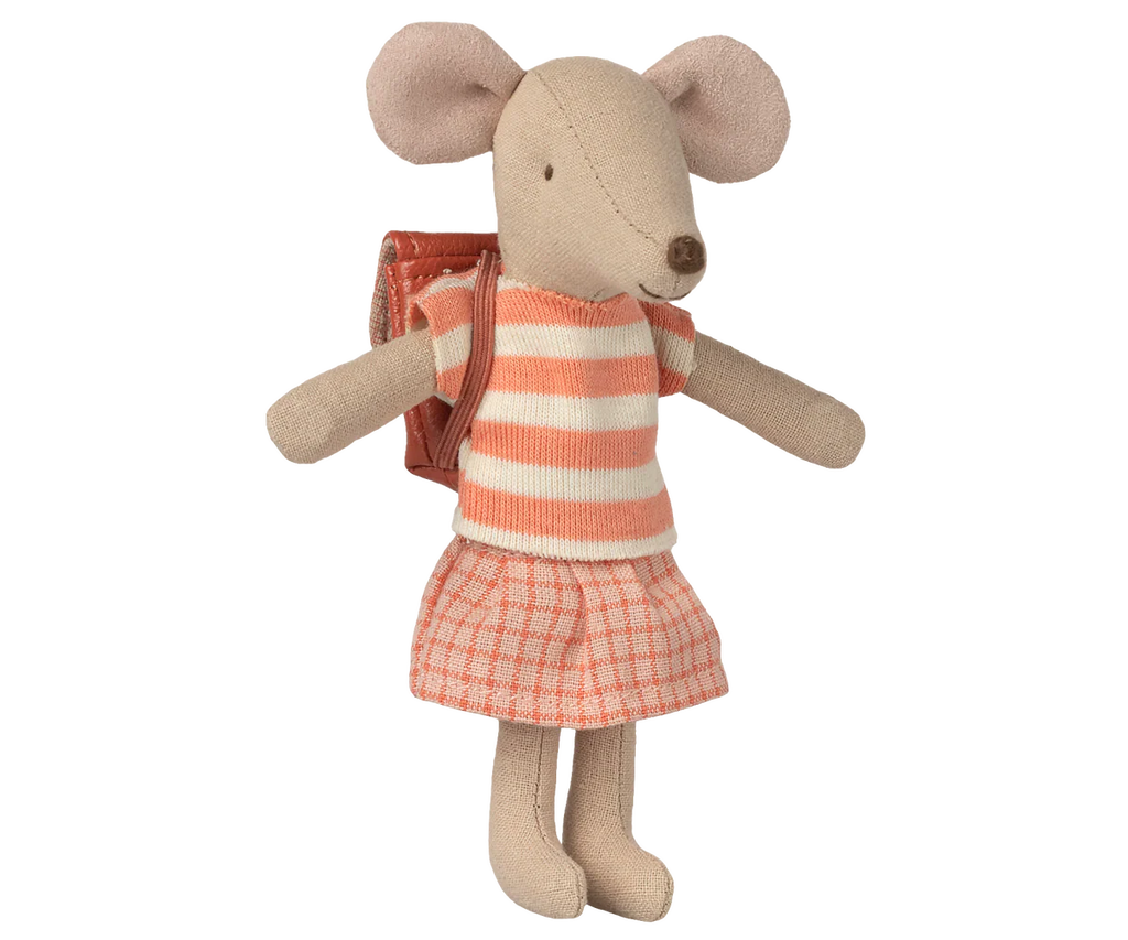 The Maileg Tricycle Mouse, Big Sister - Coral, features a stuffed toy in a peach and cream striped shirt, plaid skirt, and school backpack. Expected arrival: 05/01/26.