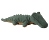 The Maileg Crocodile, Small - Forest Green is a huggable plush toy with a brown underside, textured fabric, small legs, and embroidered eyes. Shaped like a green crocodile, this stuffed animal is expected to arrive by 06/15/26.
