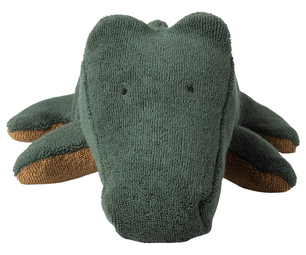 The Maileg Crocodile, Small - Forest Green is a plush green alligator toy with a textured fabric, brown underbelly, and embroidered eyes, shown front-facing on a white background. Expected arrival: 06/15/26.