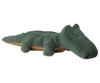 The Maileg Crocodile, Big - Forest Green is a soft, huggable plush toy shaped like a crocodile, lying flat with outstretched legs and small black eyes, made from gentle cotton. Expected arrival: 06/15/26.