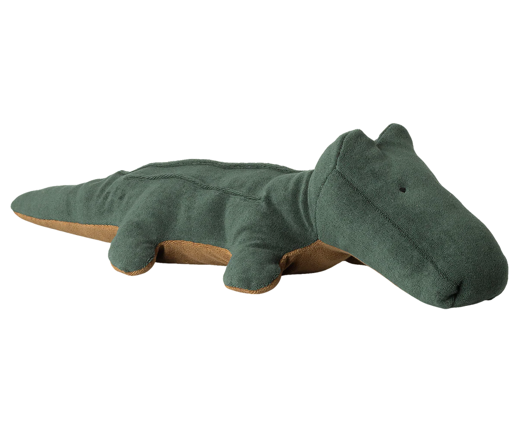 The Maileg Crocodile, Big - Forest Green is a soft, huggable plush toy shaped like a crocodile, lying flat with outstretched legs and small black eyes, made from gentle cotton. Expected arrival: 06/15/26.