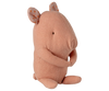 The Maileg Lullaby Friends Pig, Mini - Rose (expected 04/15/26) is a soft pink plush toy with dot-patterned ears, stitched eyes, and curved arms—a charming gift for newborns.